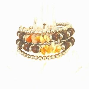 NWT WRAP AROUND SILVER BEADED STRETCH BRACELET WITH BROWN BEADS AND ROCK STONES